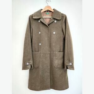 Vintage Benetton Olive Green Wool Blend Long Heavy Winter Coat Size XS